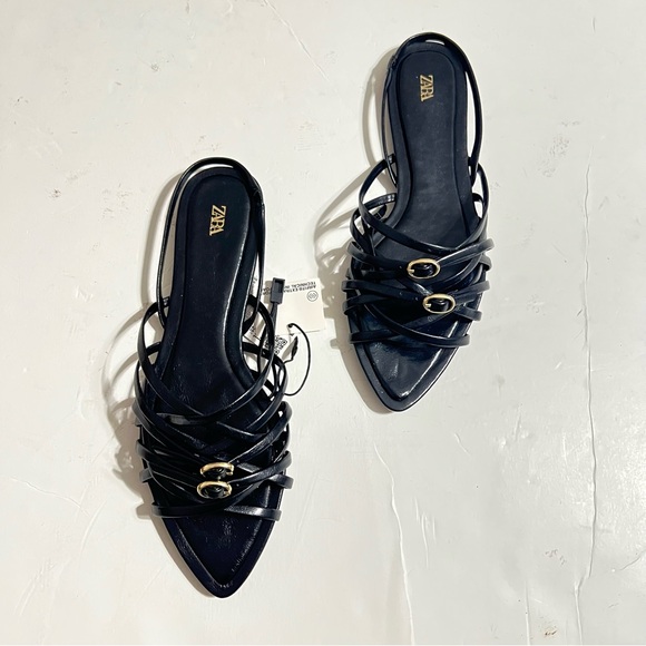 Zara Black Cross Strap Flat Sandals Size 8 - Picture 9 of 10